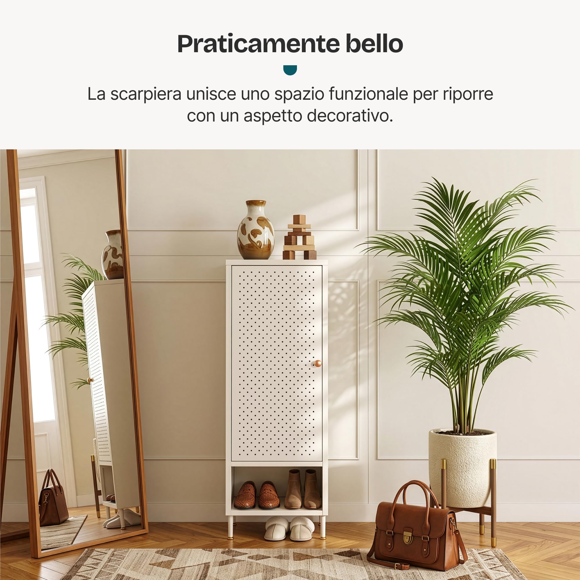 [en.casa] Scarpiera in Acciaio ad Anta Traforata Mobile Contenitore Portascarpe con 3 Ripiani Regolabili e Scomparto Aperto Armadietto Multiuso da Ingresso Corridoio 115 x 43 x 35 - Bianco Crema