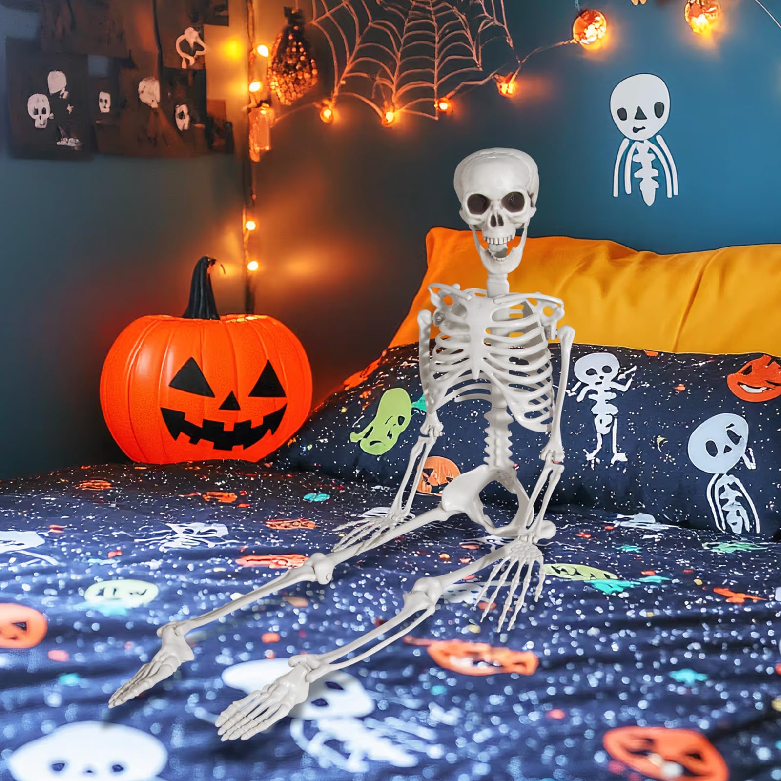 Scheletro per Halloween, in plastica, 90 cm, con articolazioni mobili, per Halloween, casa, giardino, casa, terrazza, decorazione (1 Pezzi)