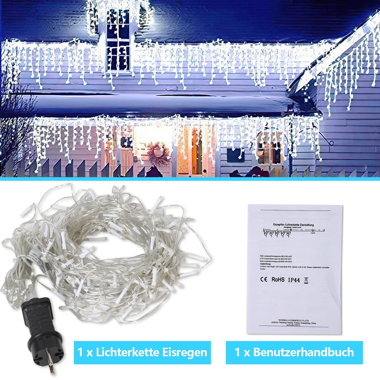 Eisregen Lichterkette Außen 600 LED 15m, LED Lichtervorhang mit 8 Beleuchtungsmodi, IP44 wasserdicht für Innenausstattung Außenbereich Schlafzimmer Hochzeit Weihnachten Party, Kaltweiß