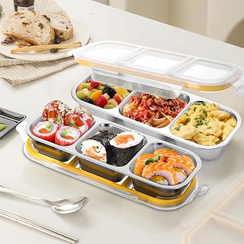 2pc Stainless Steel Snack Box with Compartments, Leakproof Bento Box Kids | Reusable Snack Containers with Lids Airtight, Food Containers To Go Small Pots for Lunch Dips Nuts Fruits