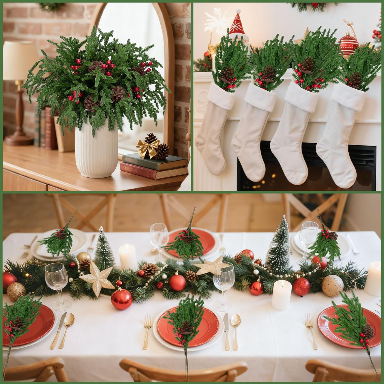 Bassion 12 Pcs Real Touch Christmas Norfolk Pine Stems Branches, 18" Realistic Norfolk Pines Picks with Faux Pinecones and Artificial Berries Greenery for Vases Xmas DIY Crafts Holiday Home Decor