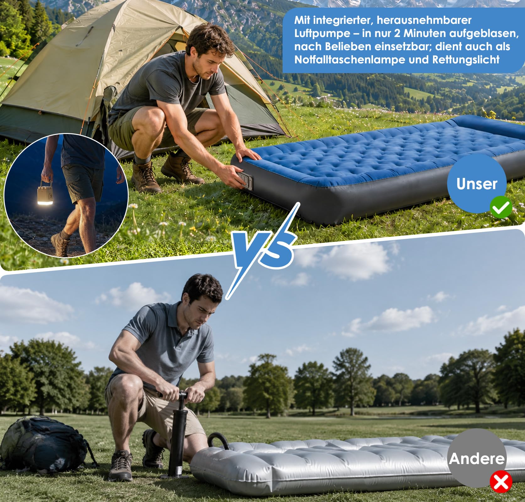 Einzel-Luftmatratze , Camping Isomatte Schnellaufblasend mit abnehmbarer Pumpe & integriertem Kissen, TPU Luftbett Auslaufsicher & Kompakt Gästebett für Zuhause, Camping & Reisen, bis 300kg Belastbar