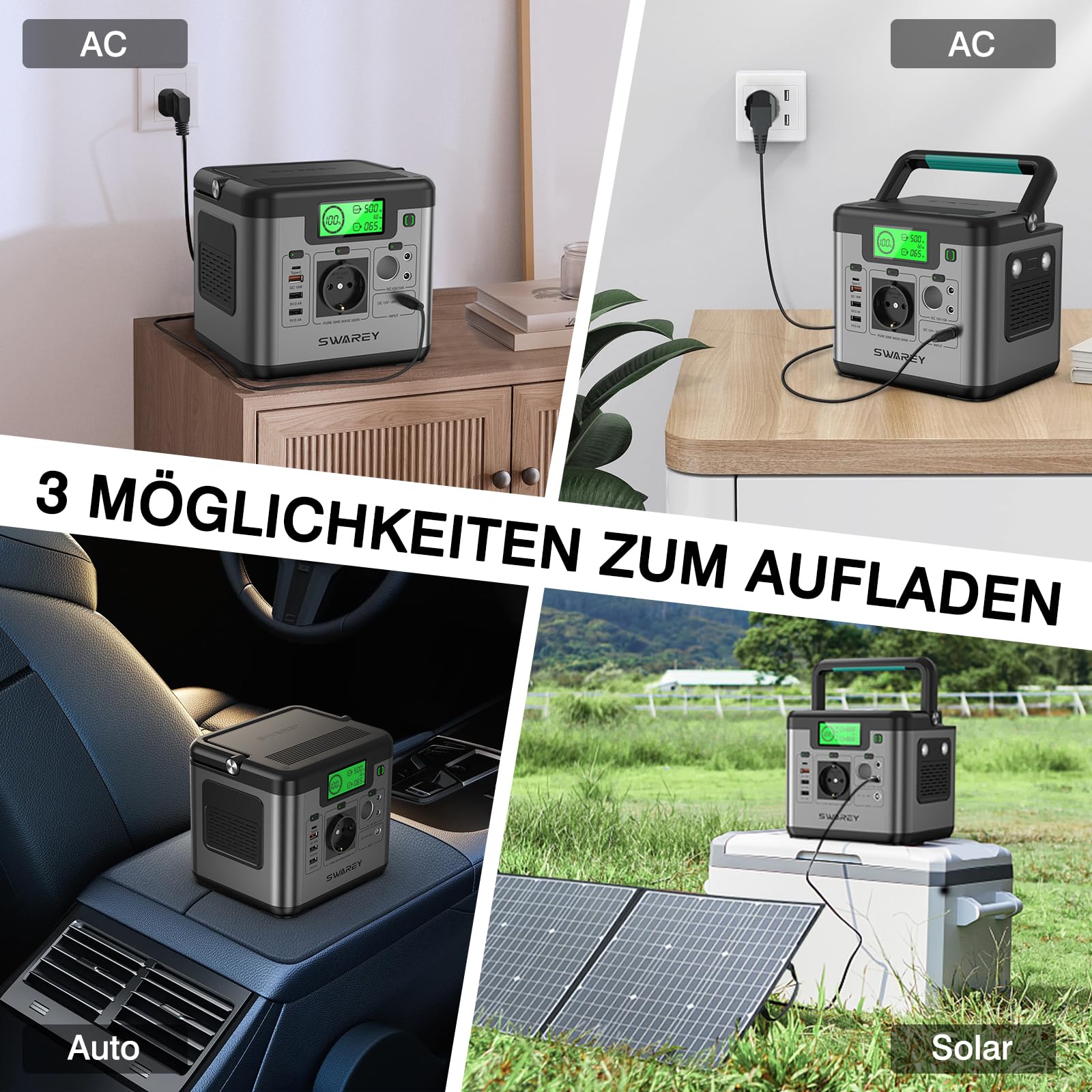 Tragbares Powerstation S500 mit 100W Solarpanel, 518Wh Solargenerator, 500W(Spitze 1000W) AC Ausgang, 65W USB-C Anschluss für Party Reise Camping Wohnmobil Notfall