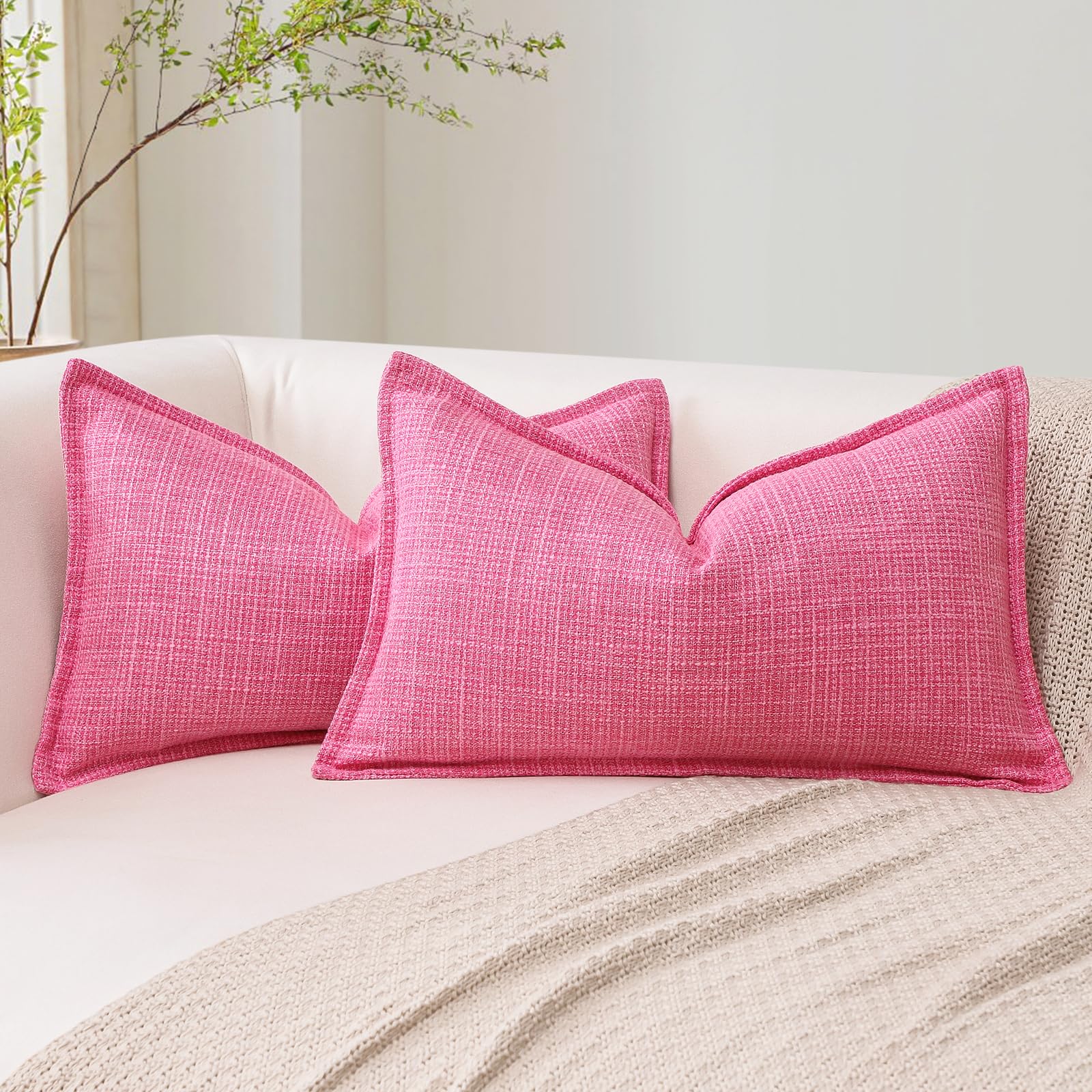 Artscope Pack of 2 Rose Pink Decorative Cushion Covers 12x20 Inch Soft Linen Texture Couch Throw Pillows Farmhouse Pillow Covers with Elegant Design for Sofa Bedroom Living Room Home Decor 30 x 50 CM