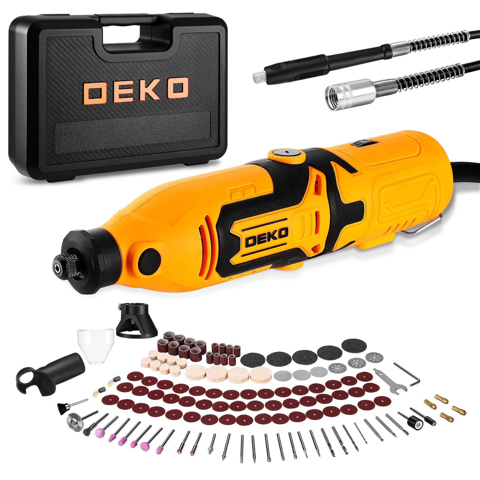 Kit di utensile multifunzione 170W: DEKOPRO 126pc Kit Multiuso per DIY, Mini trapano elettrico per legno/metallo - con albero flessibile per rettifica, incisione, lucidatura, pulizia (Giallo)