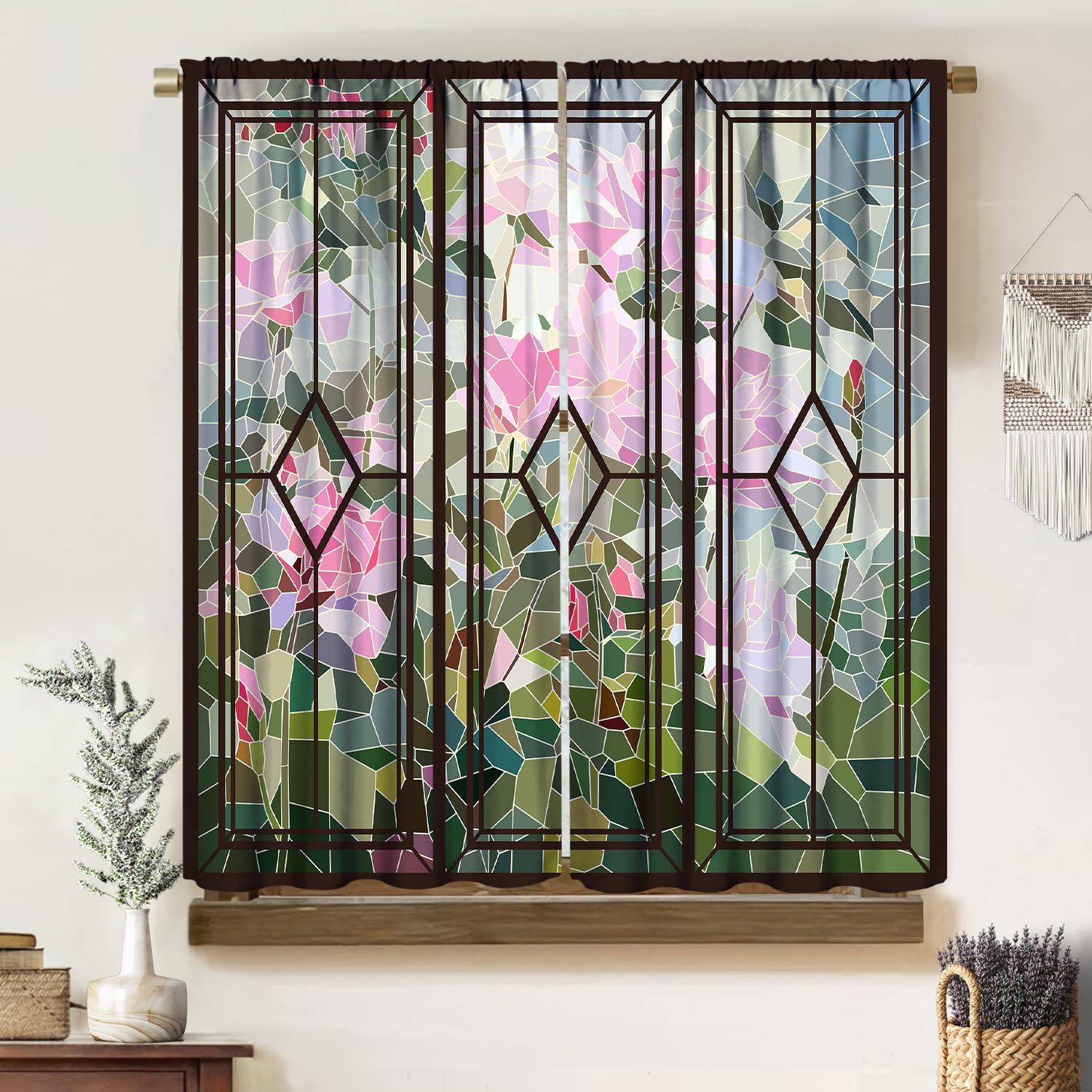Vintage Stained Glass Curtains, Exotic Abstract Colorful Floral Fractal Geometric Seamless Pattern, Thermal Insulation Blackout Rod Pocket Window Treatments For Living Room Bedroom Bathroom 42x45 Inch