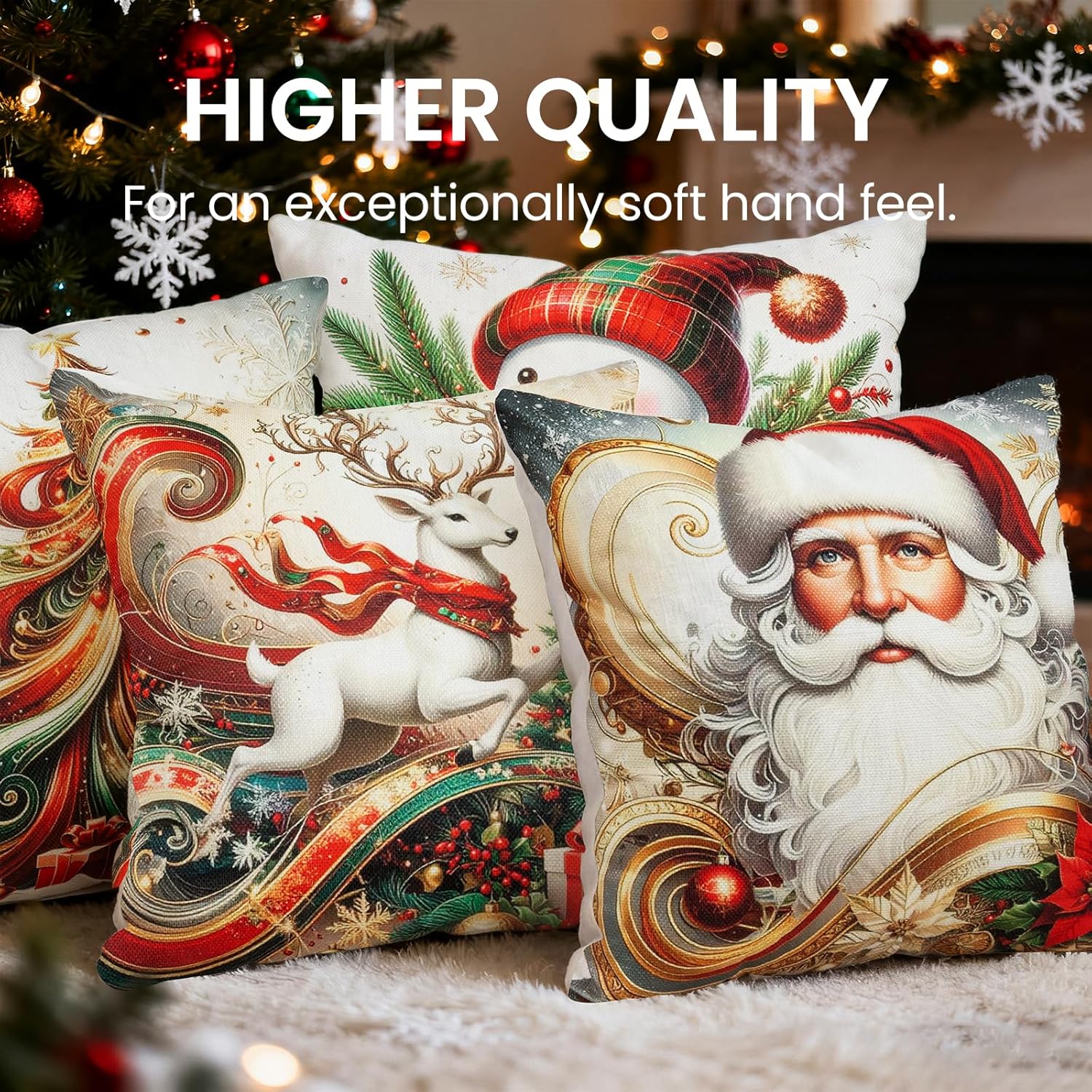 Christmas Throw Pillow Covers 20x20 Set of 4 Winter Holiday Decorative Pillowcase Reindeer Snowman Christmas Tree Santa Farmhouse Home Decor for Sofa Couch Cushion