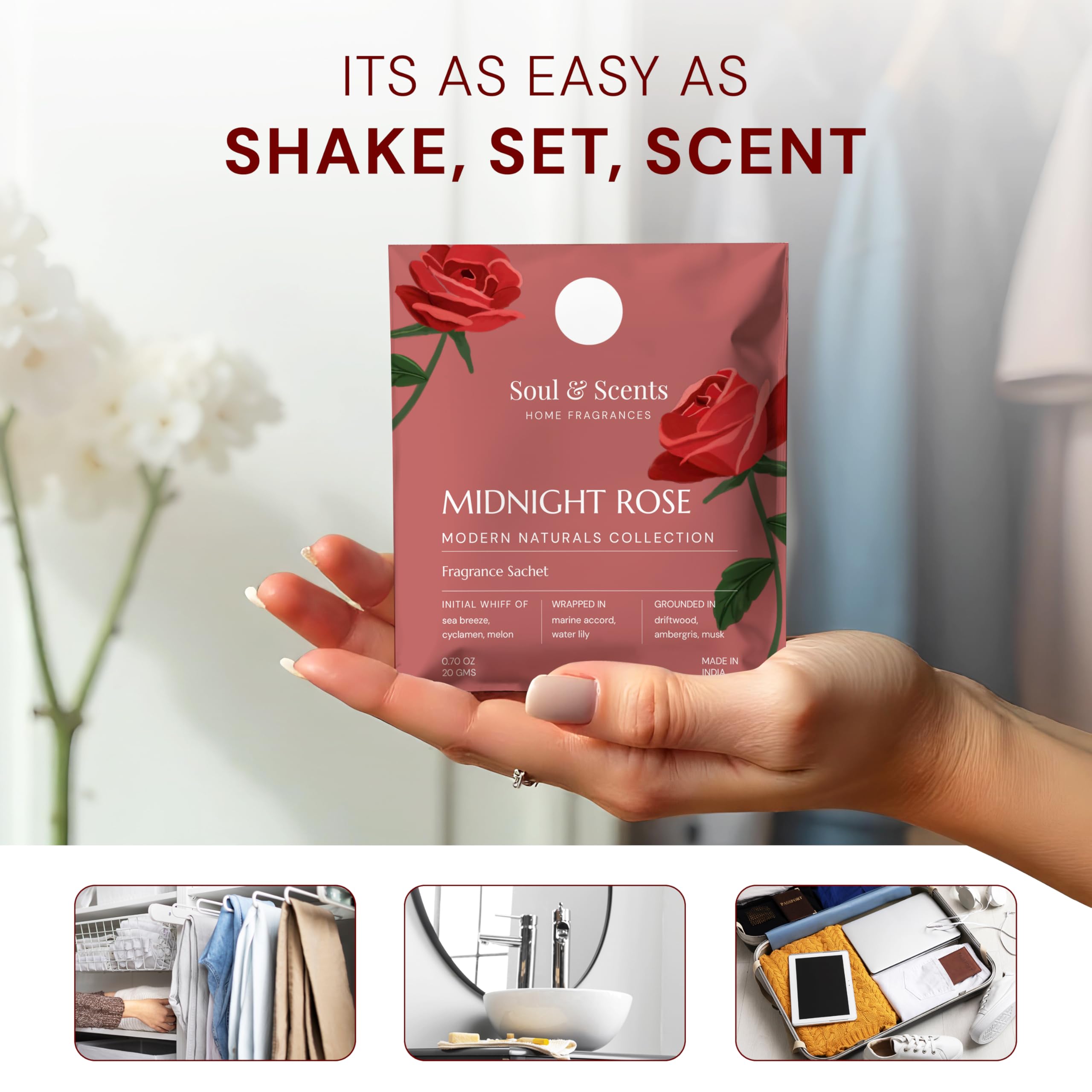 Soul & Scents Rose Fragrance Sachet | A Blend of Peach, Iris & Sandalwood | Long-Lasting Air Freshener for Car, Wardrobe, Kitchen, and Travel Bag | Pack of 3-20gm Each 3
