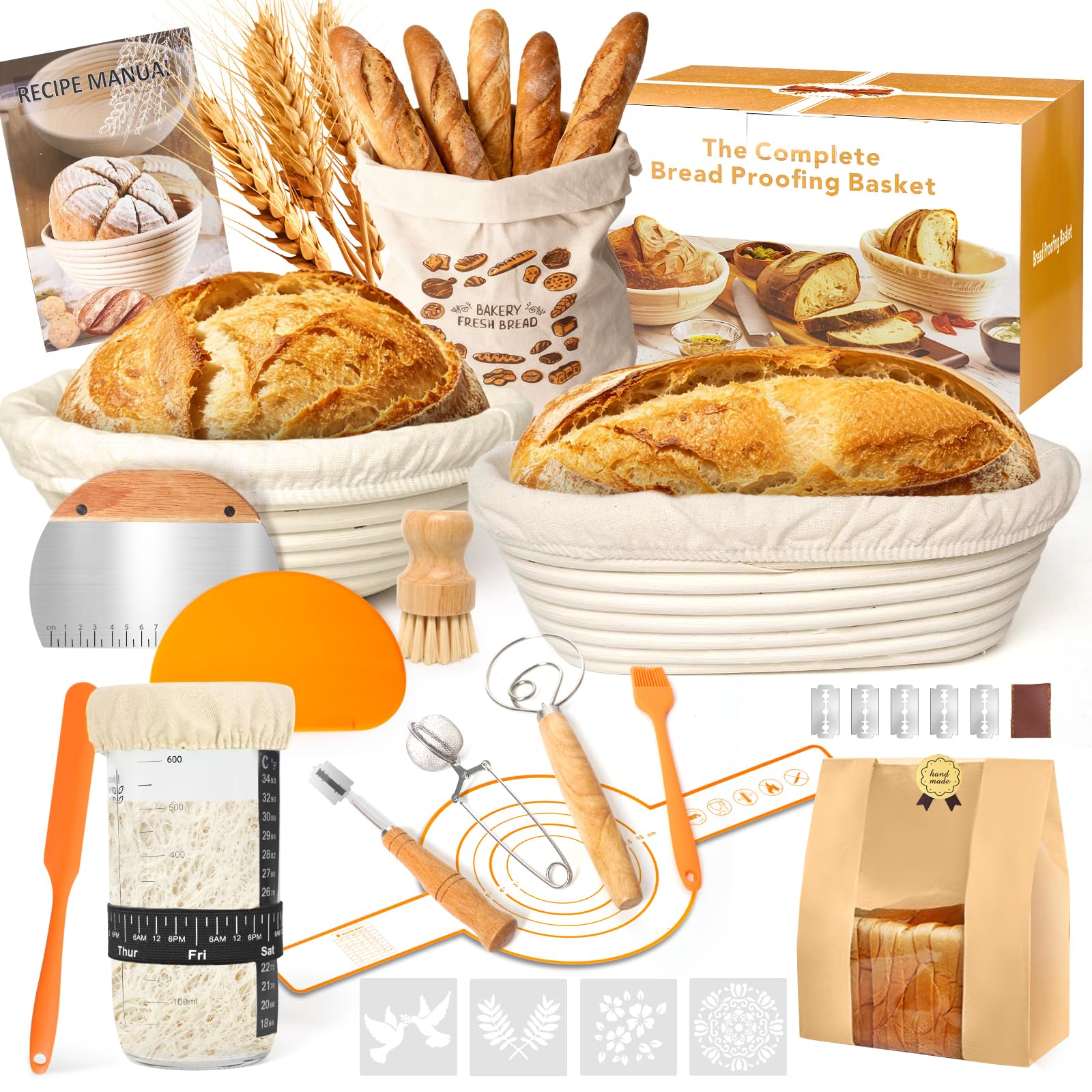 Banneton Pour Pain, Kit Boulangerie Levain 15 Pièces, Corbeille a Pain en Rotin Naturel (23 cm Rond + 25 cm Ovale), avec Corne, Toile en Lin et Accessoires pour la Fabrication du Pain (Orange)