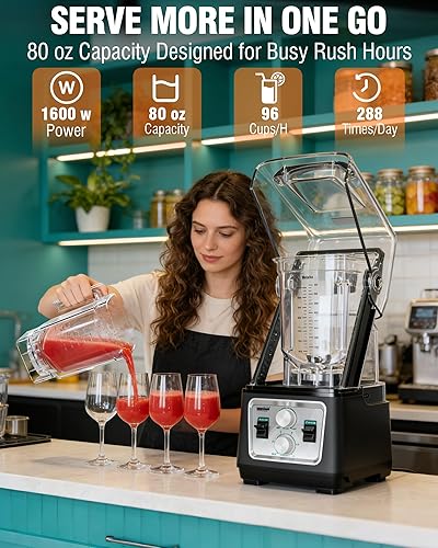 Miniatura 2 de WantJoin Licuadora comercial - Batidora de batidos de escudo silencioso de 80 onzas, trituradora de hielo profesional de 1600 W con 6 cuchillas y 15