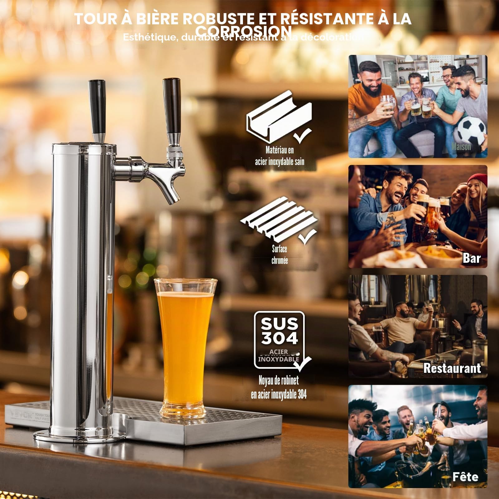 VEVOR Kit Colonne à Bière 2 Robinets, Distributeur de Bière Acier Inoxydable, Tireuse à Bière avec Régulateur Double Jauge W21,8, Coupleur Fût Système S