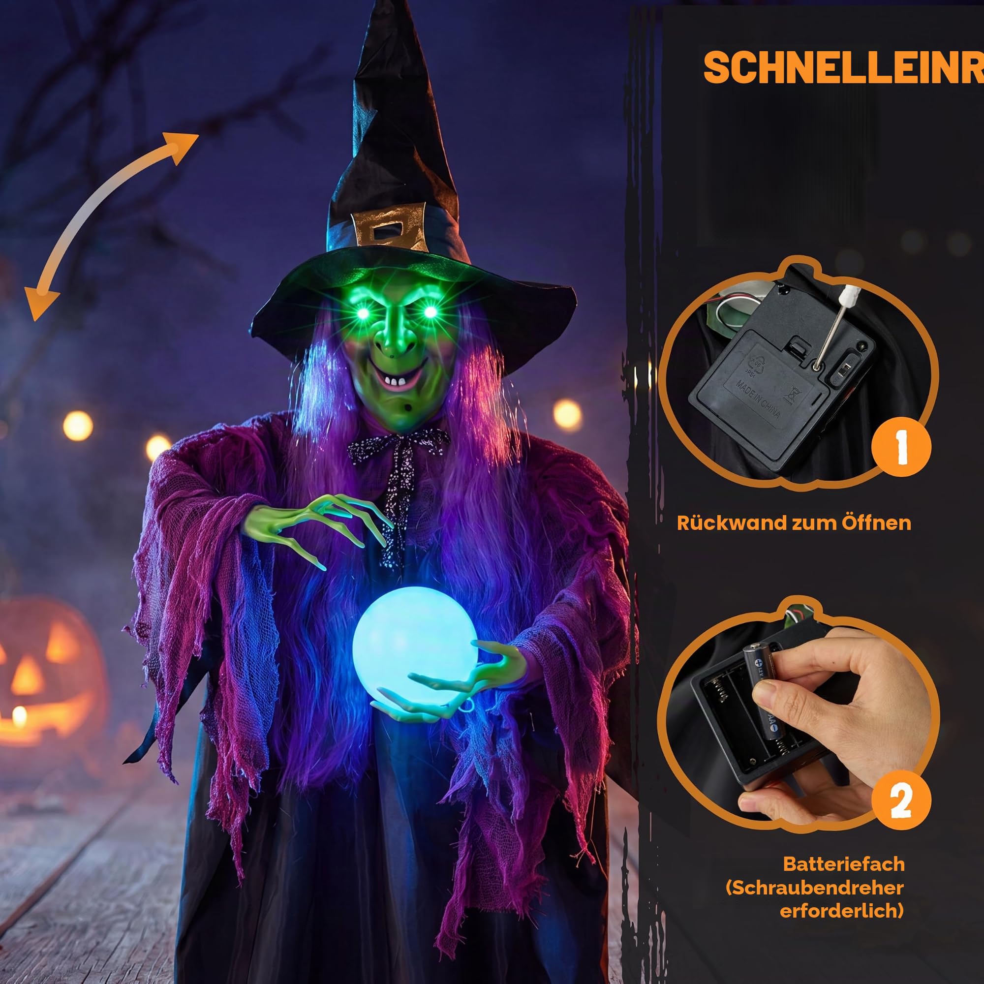 JOYIN 198.1 cm Halloween hängende Hexe Dekoration mit magischer Kugel, hängende animierte sprechende Hexe mit beleuchteten Augen und Sound für Halloween Spukhaus, Outdoor/Indoor, Rasen-Dekorationen