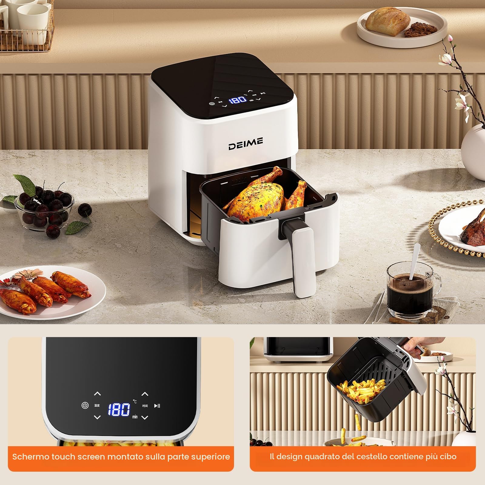 DEIME Air Fryer 2.5 L, Small Airfryer Digital Space Saving Compact, Bake, Reheat, Roasts for Quick Easy Meals, Mini Compact & Quiet, Nonstick & Dishwasher Safe Basket(White)
