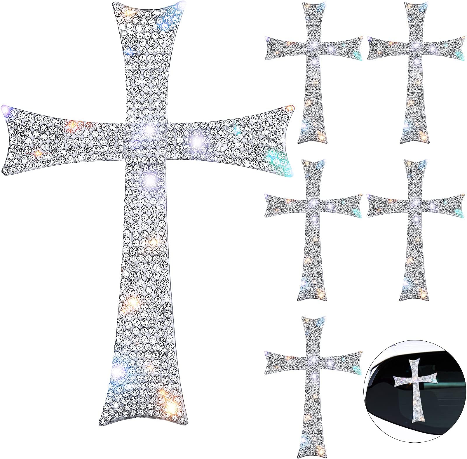 Frienda 6 Pieces Silver Bling Cross Car Decals Waterproof Rhinestone Stickers with Self-Adhesive Backing for Car Decor, Bumper Window Laptops Luggage Car Interior Exterior Window Motorcycle Helmet