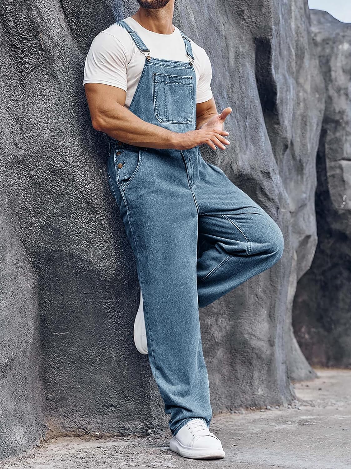 Runcati Men's Denim Bib Overall Jean Romper Trousers Adjustable Strap Workwear Slim Fit Jumpsuit - Image 4