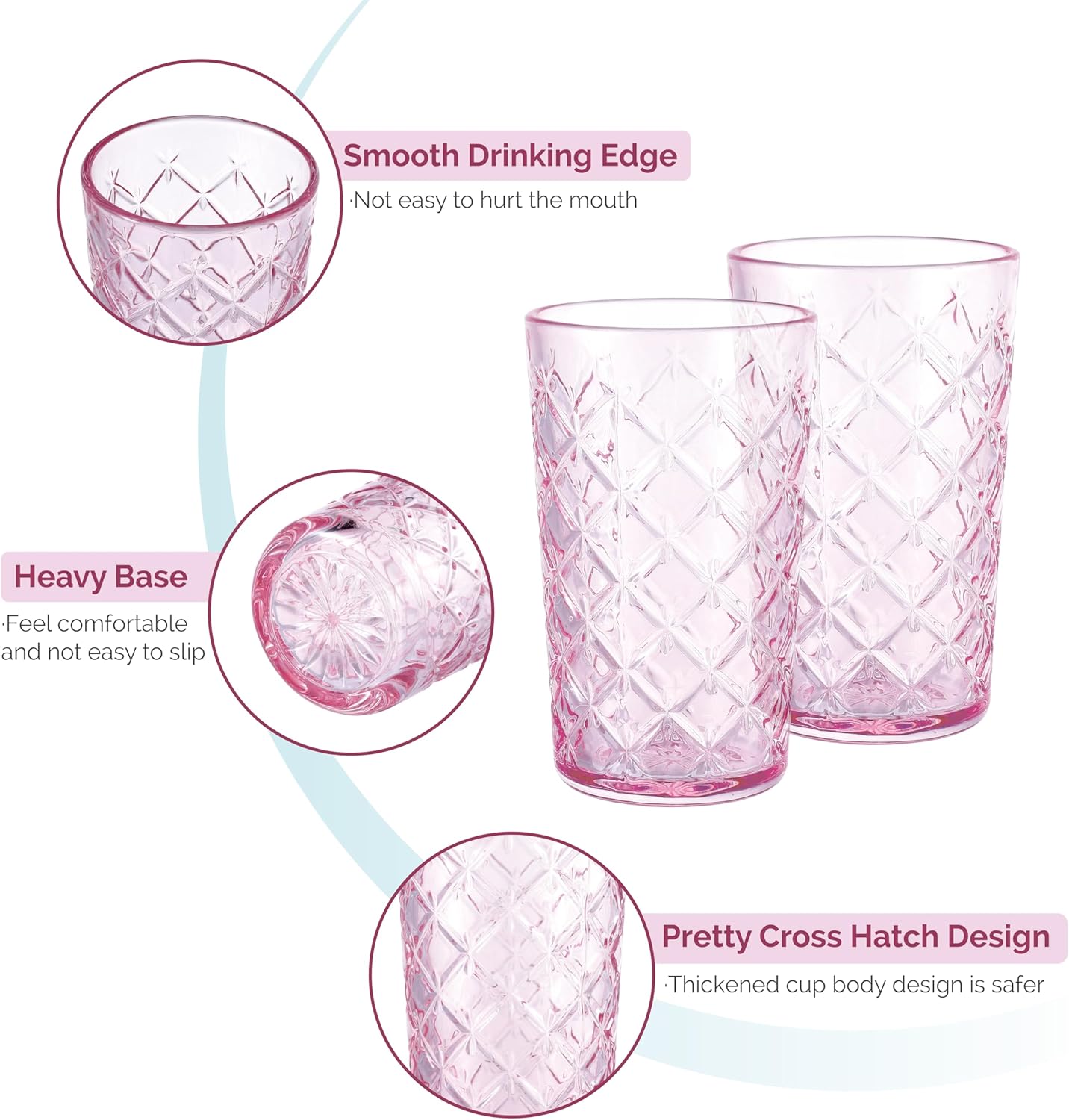 Drinking Highball Glasses Set of 4, Vintage Cross Hatch Glass Cups, 15.5oz Tall Drinking Water Glasses, Dishwasher Safe Pink Glass Tumbler Glassware for Water, Juice, Cocktail, Coffee, Whiskey - Image 3