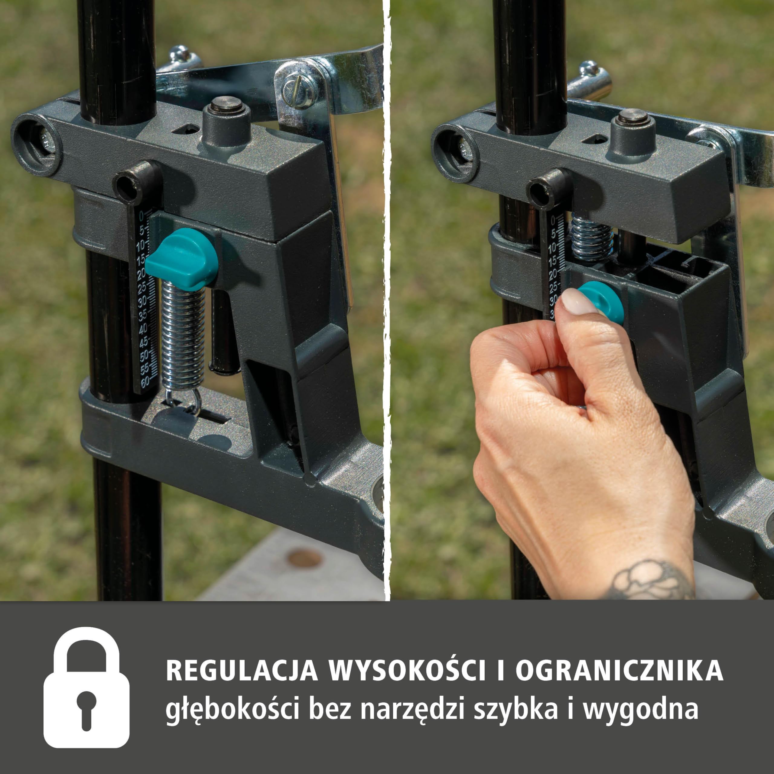 wolfcraft Stojak wiertarski SOLID – kompaktowe rozwiązanie do wiercenia o ograniczonej głębokości – wysięg 112 mm i skok 55 mm – 5028000