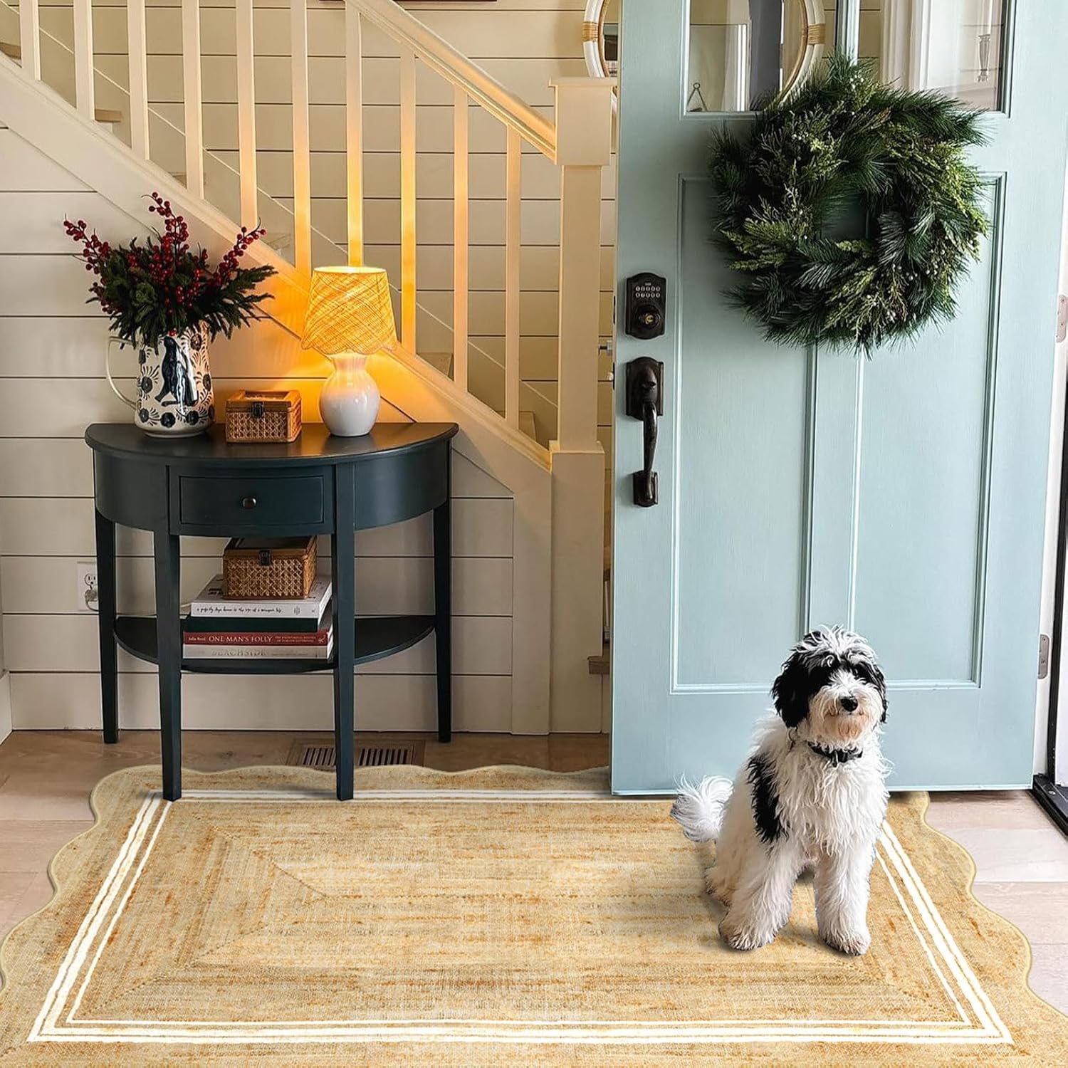 3x5 Entryway Rug - Small Washable Door Mat Outside Entrance Non-Slip Indoor Outdoor Mats for Front Door Jute-Look Neutral Porch Rug Scalloped Area Rugs for Entryway Kitchen Mudroom Porch Decor