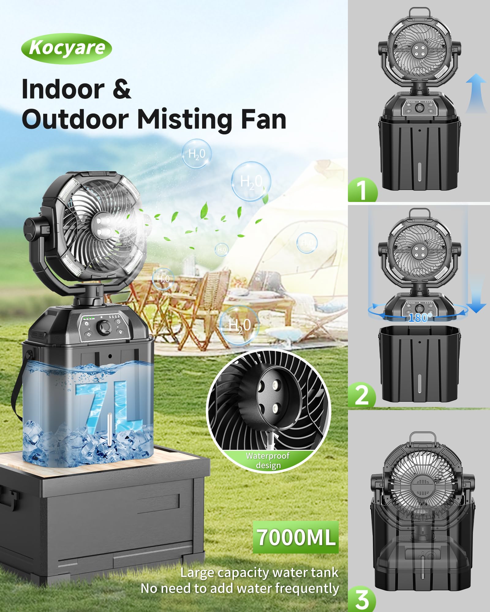 Ventilateur brumisateur avec seau de 7 L, ventilateur de camping rechargeable de 25 000 mAh, vitesse variable en continu, ventilateur d'extérieur de 25,4 cm pour terrasse/camping, ventilateur de