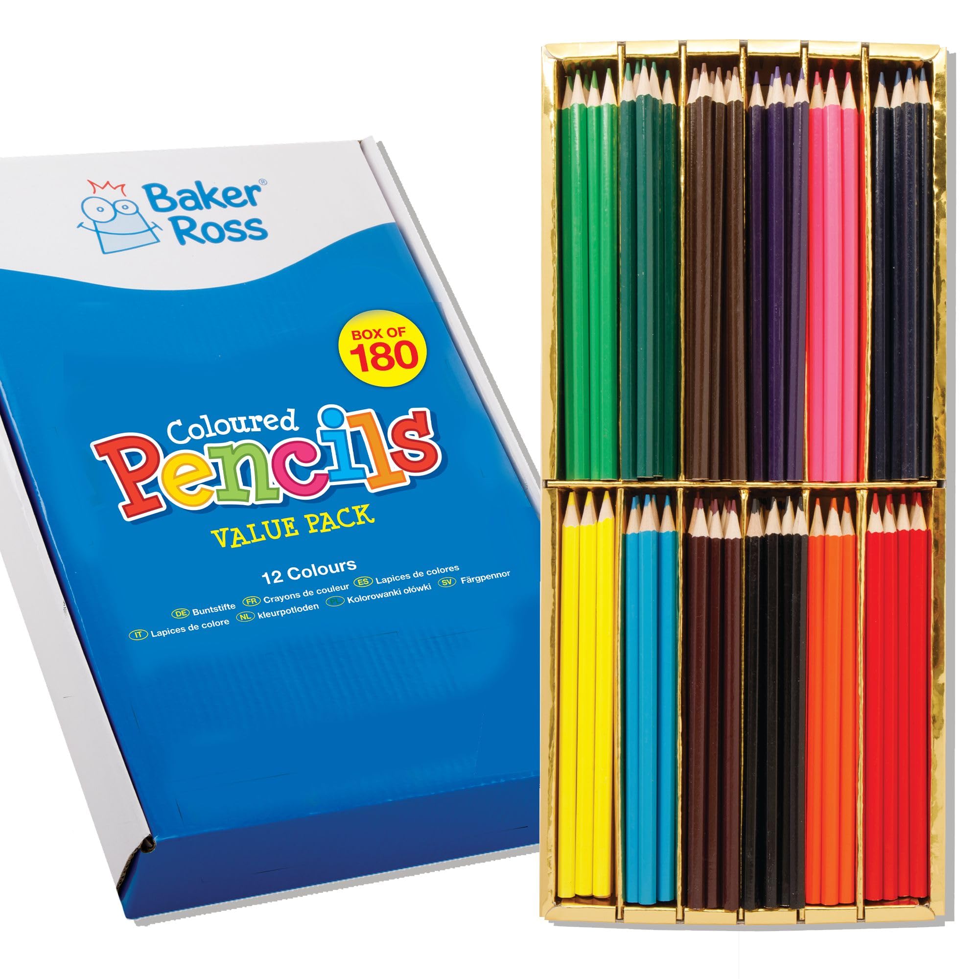 Baker Ross FE416 Ensemble d'art de crayons de couleur - paquet de 180, ensemble de coloriage pour enfants, crayons de couleur pour enfants, fournitures d'arts et d'artisanat