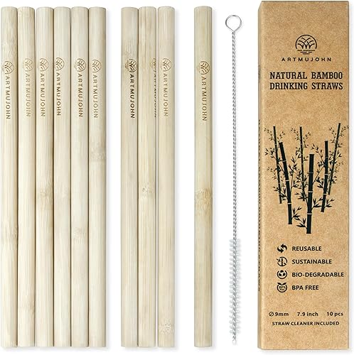 ARTMUJOHN Pajitas de bambú natural, 10 popotes reutilizables de 7.9 pulgadas, un diámetro de 0.354 in, limpiador de paja incluido, biodegradable,