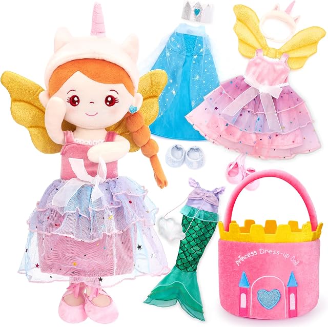 Hahaland Habillez les ensembles de jeux de poupée - Princesse Sirène Licornes Jouets pour les filles Age 4-6, Poupée en peluche avec 3 Outfits et sac de transport, Jouets Fairy Ballerina 4 Année Vieille fille Cadeaux d'anniversaire Panier de Pâques Stuffers
