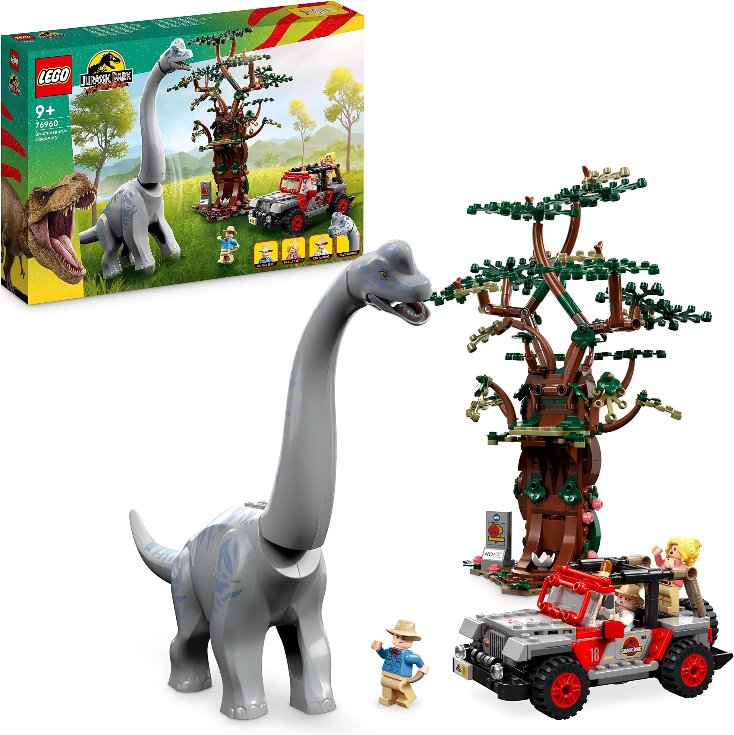 76960 Jurassic Park Brachiosaurus Discovery Dinosaur Toy Set with Large Dino Figure, Tree and Buildable Jeep Wrangler Car, Gift for Boys, Girls, Kids, 30th Anniversary Collection