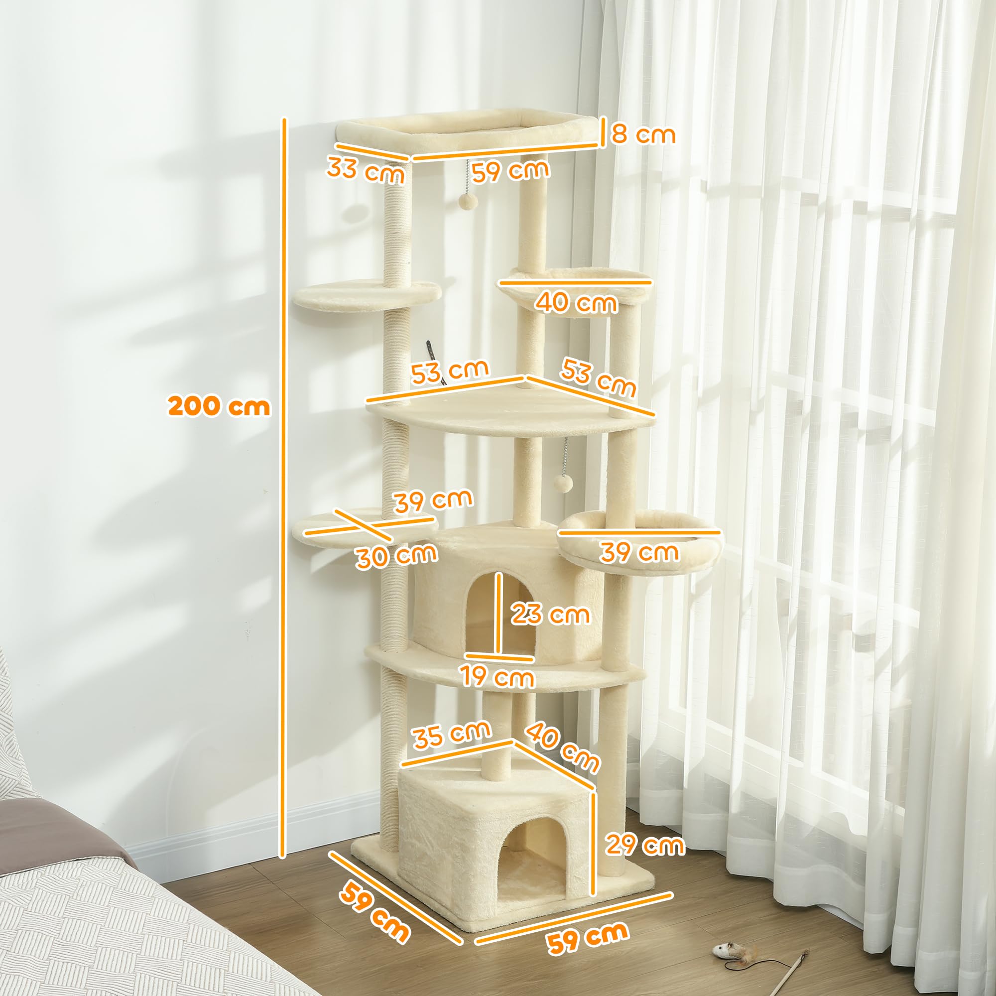 PawHut Tiragraffi per Gatti Alto 200 cm con 5 Pali Graffiatoi Sisal Beige | Albero per Gatti Adulti XXL Multilivello, 2 Grotte, 2 Cucce, Amaca, 2 Pompon, Piattaforme, Peluche, Torre per Gattini