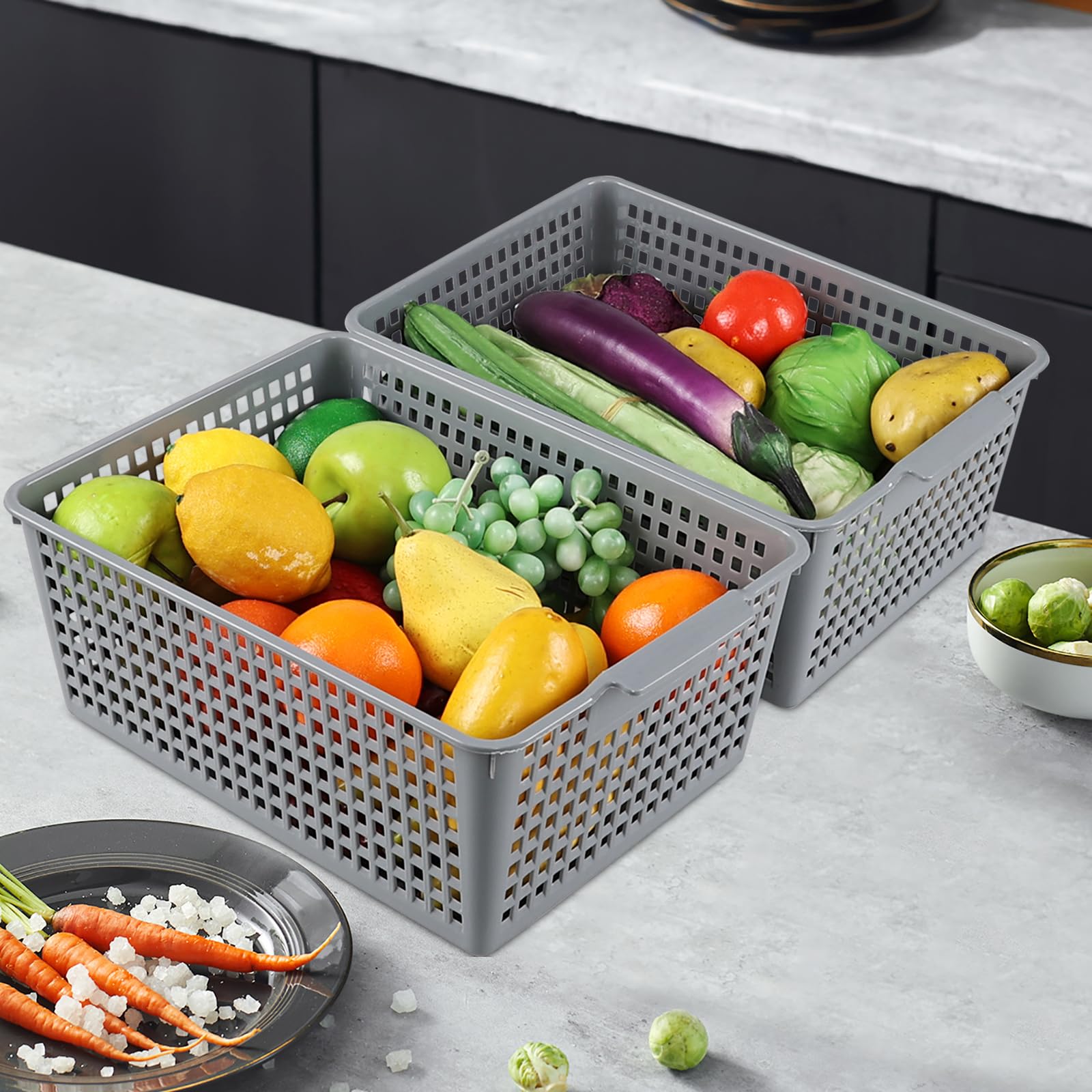 Paquete de 3 cestas grandes de plástico para organizar, cestas de almacenamiento grises para armario de cocina