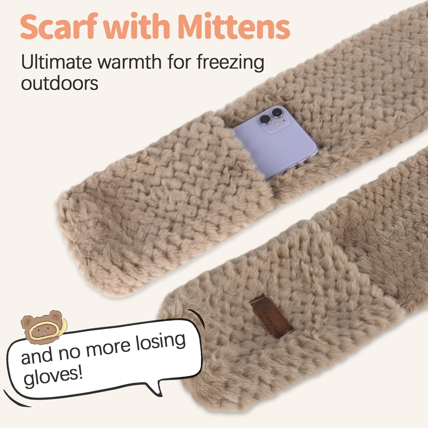 Babalet Hooded Scarf for Women, Winter 3-In-1 Fleece Scarf Hats, Cute Bear Ear Hooded Scarfs Beanie and Gloves - Image 3