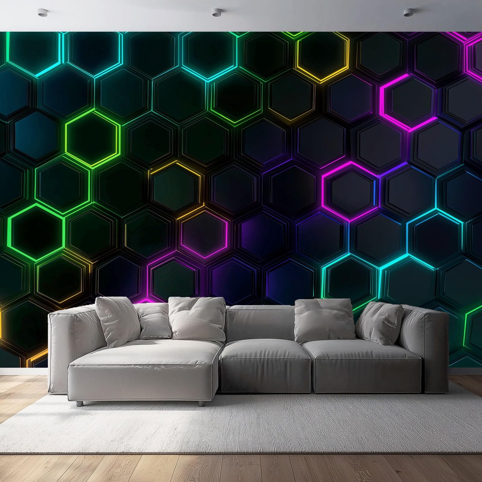 Wall Mural Traditional Rhombus Geometric Neon Style Photo 157.5" x 110.2" Non-Woven Premium Wall Mural for Living Room Kids Bedroom Decoration Poster Colorful Cool