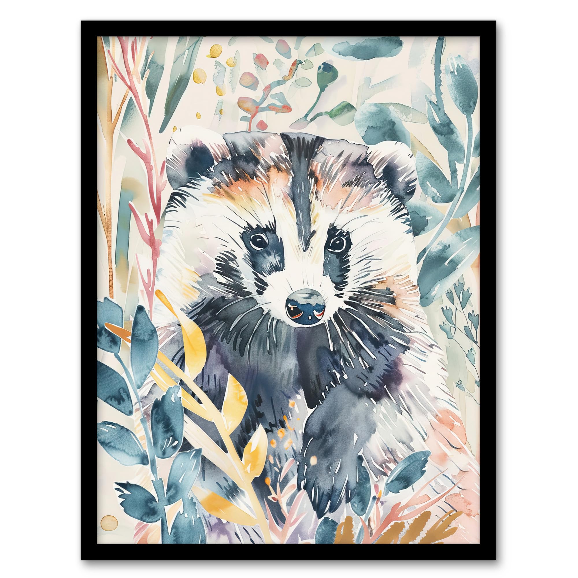 Artery8 Cute Badger Botanical Watercolour Soft Woodland Living Room Artwork Framed Wall Art Print A4