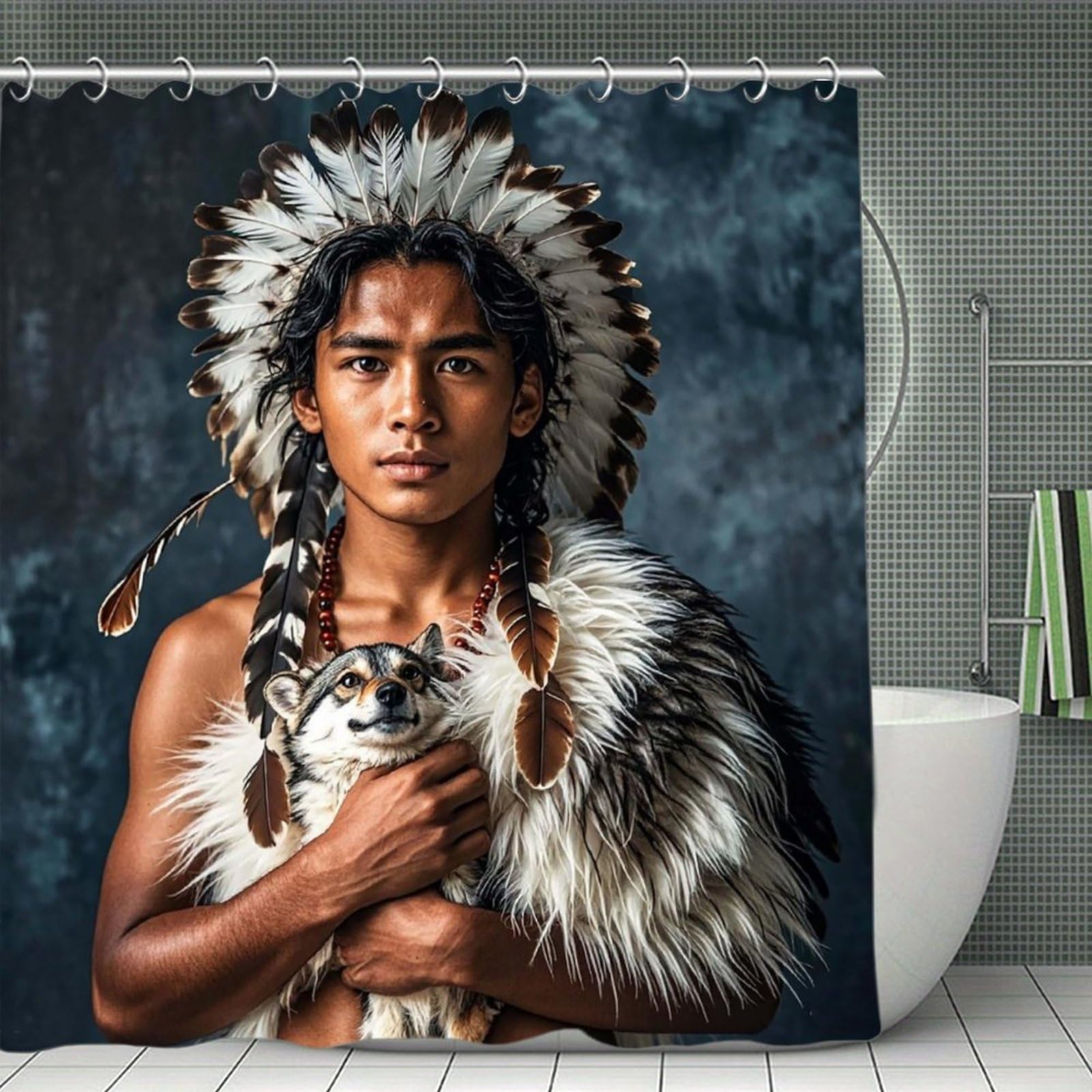 QMNLKH Indigenous People and Wolves Shower Curtain with Hooks, Waterproof Bath Curtains for Bathroom, Lightweight Bath Curtains Liner for Hotel, Personalized Bath Curtain for Spa, 70.8 Inch