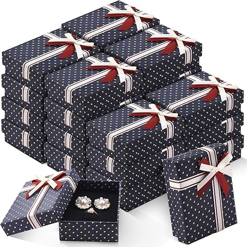 24 cajas de regalo de joyería de Navidad con tapas, cajas de joyería de cartón con lazos de cinta de punto ondulado, caja de embalaje a granel para