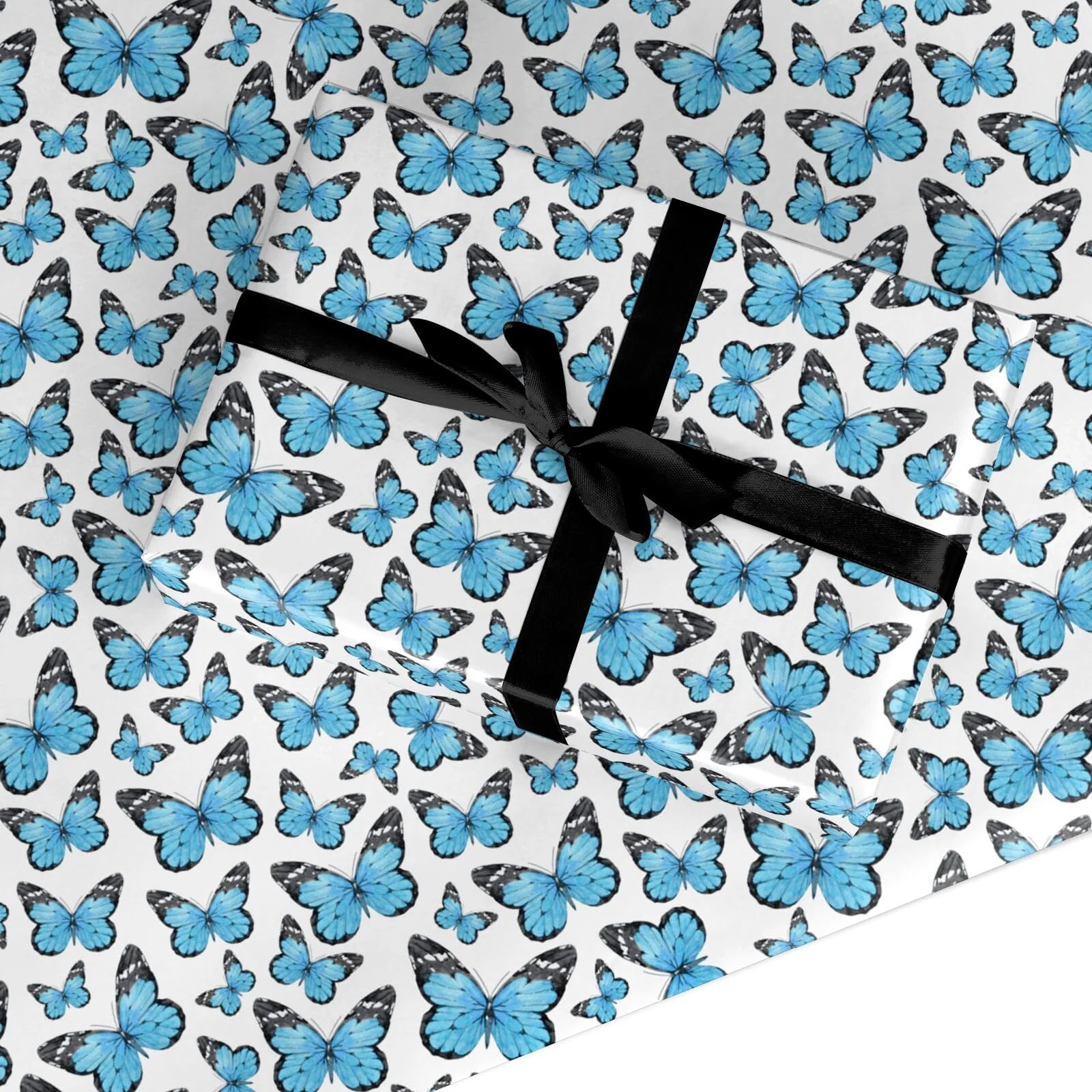 Blue Butterfly Wrapping Paper – Recyclable Gift Wrap for Birthday, Sympathy, Mother’s Day, Anniversary & Thinking of You – Elegant Paper for Women & Girls by Dyefor - Small Roll (50cm x 2.2m)