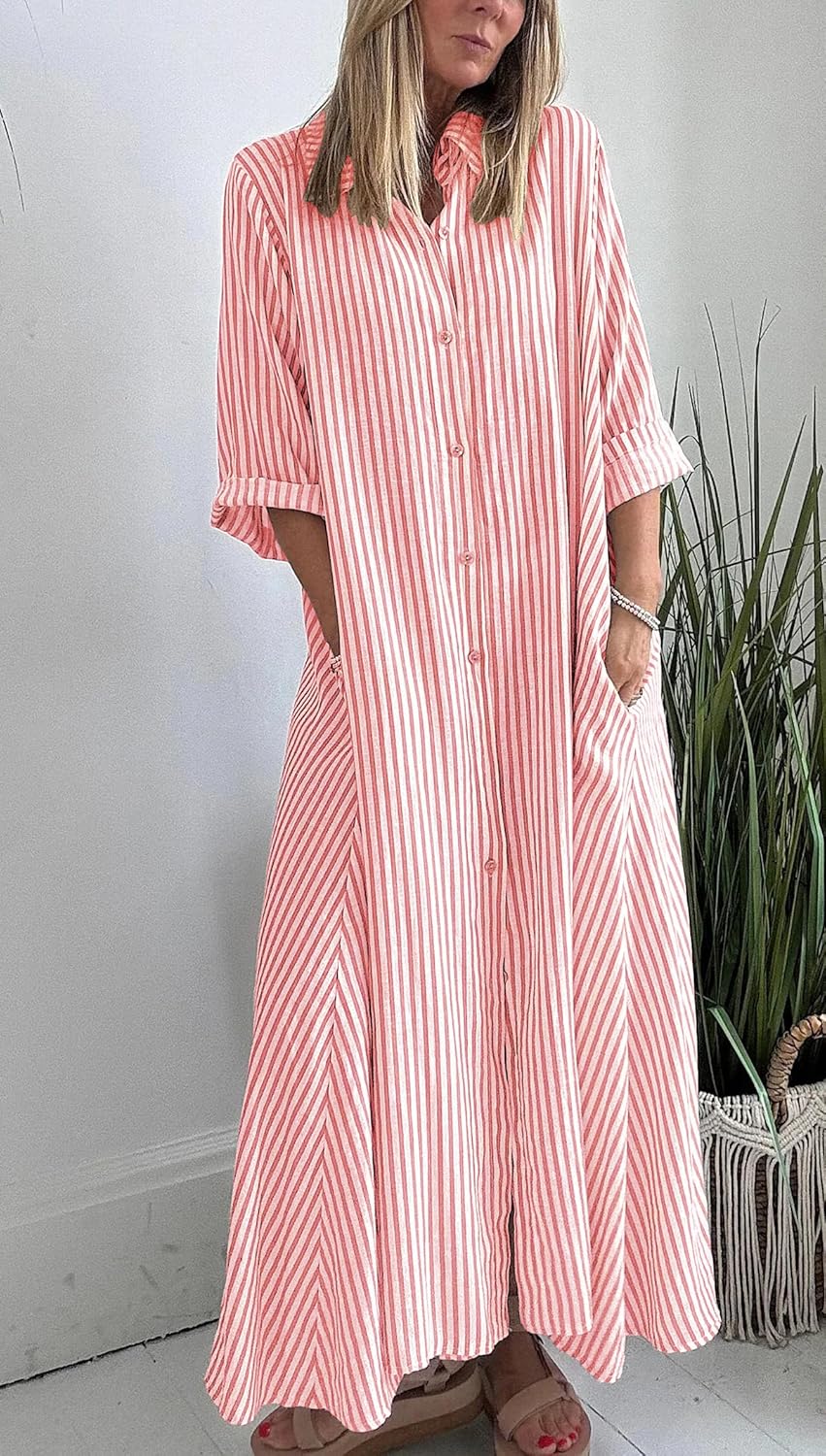 chouyatou Women 2026 Summer Boho Striped Maxi Shirt Dress 3/4 Sleeve Business Casual Button Down Long Dress - Image 2
