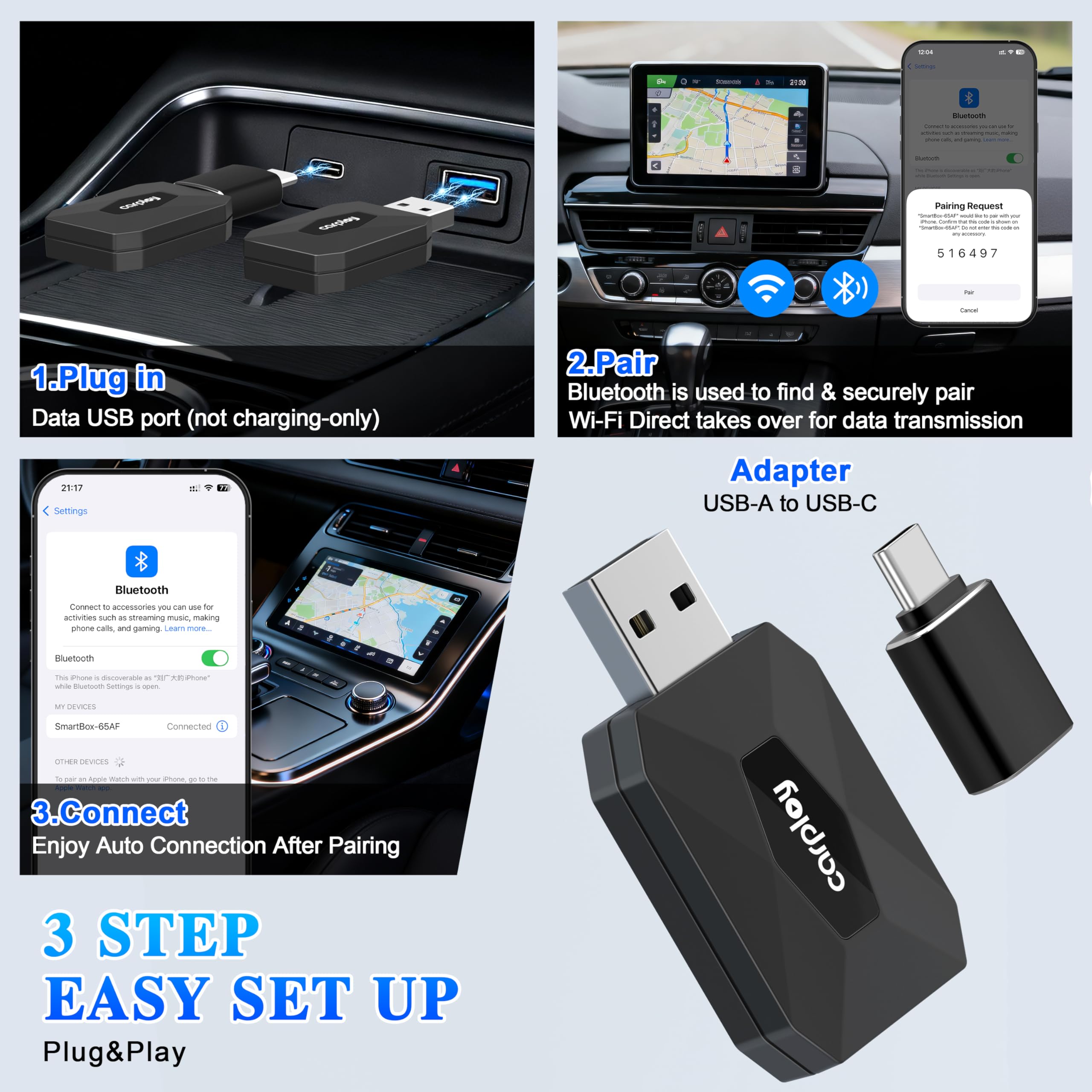 Wireless CarPlay Adapter, 2026 Upgrade 3X Schnelleres Auto-Verbindung & Keine Latenz, Plug & Play, Bluetooth 5.3 & WiFi 6, iOS 10+/Android 10+, 927+ Autos (Dual-System für Apple & Android, Schwarz)