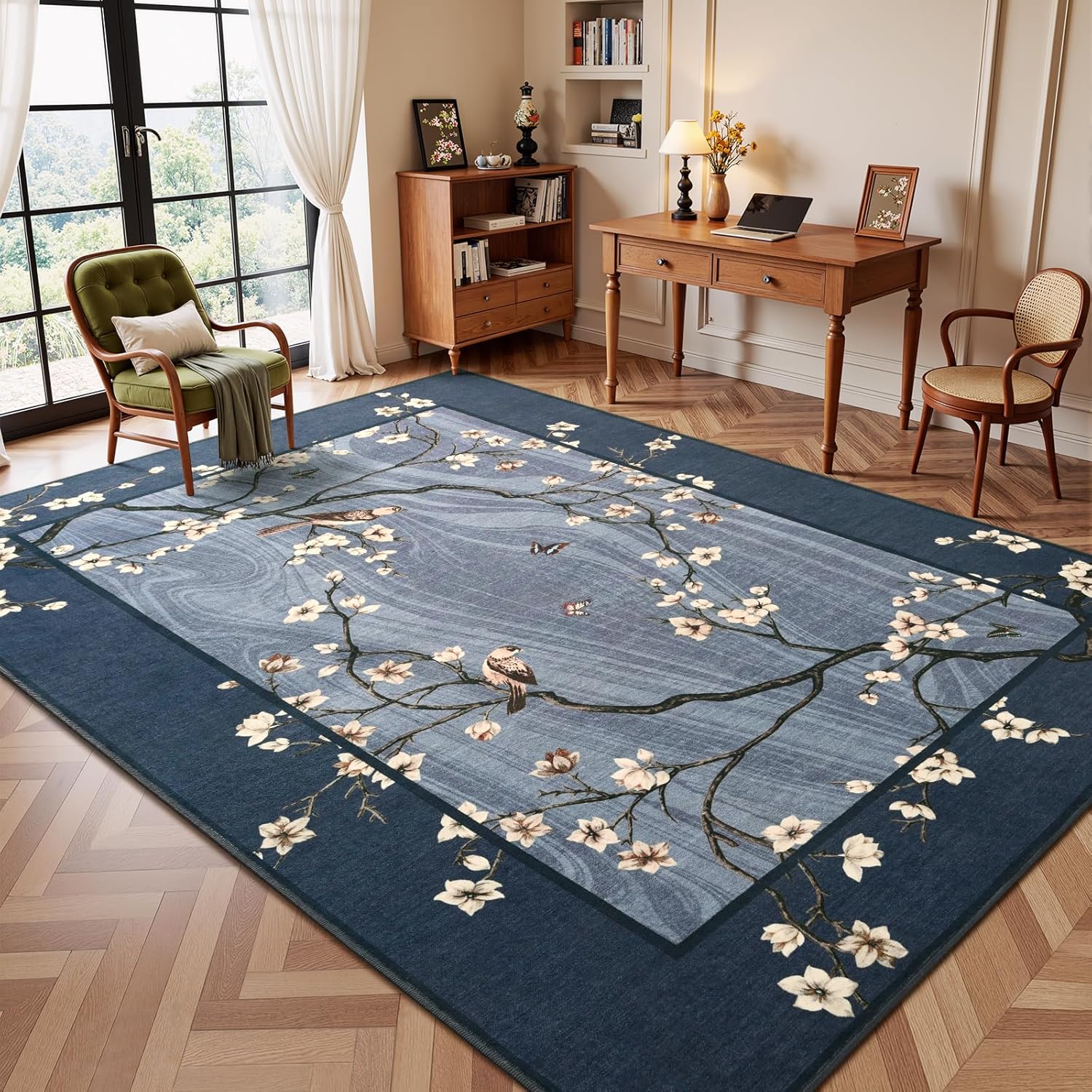 6x9 Area Rugs for Living Room Bedroom, Oriental Floral Birds Print Washable Rug, Soft Low Pile Non Slip Carpet for Dining Room Kids Room Farmhouse Office Home Decor, Blue
