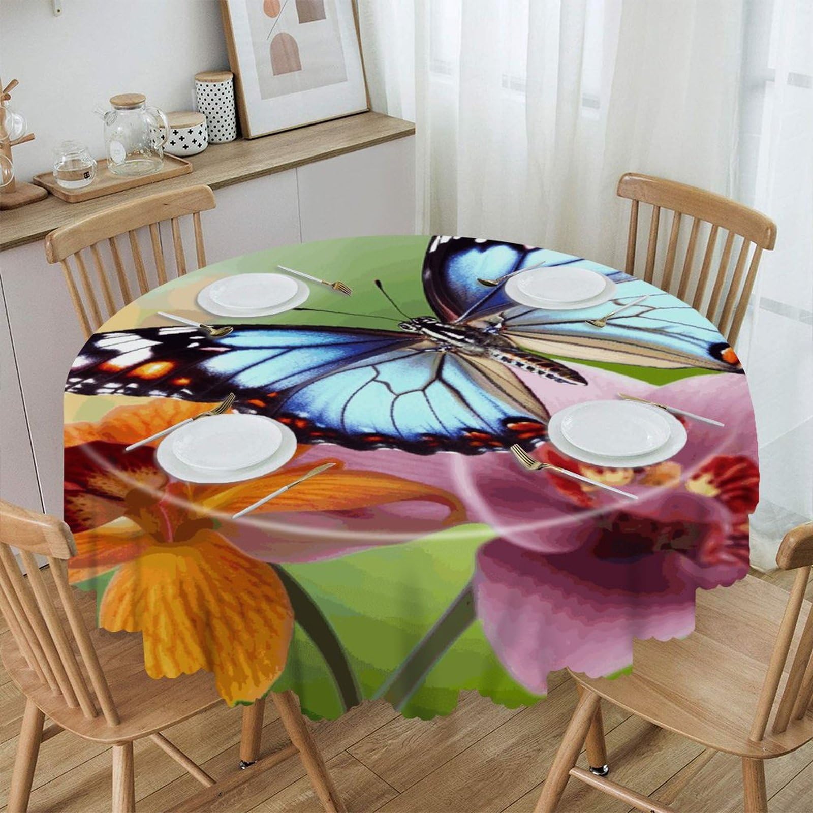 FekiLoot Flower Butterfly Round Tablecloths 60 Inch Resistant Washable Polyester Table Cloth Style Decorative Circle Fabric Table Cover for Dining Kitchen Party Farmhouse Outdoor