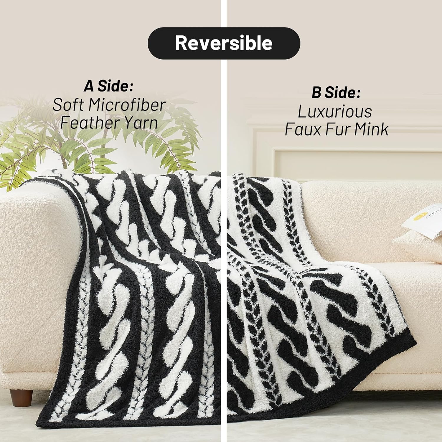 Amélie Home Knit Throw Blanket for Couch, Super Soft Fuzzy Cozy Throw, Giftable Knitted Blanket for Women Men, Birthday, Sofa Bed Living Room Decor, 50" x 60", Cable Black & White - Image 5