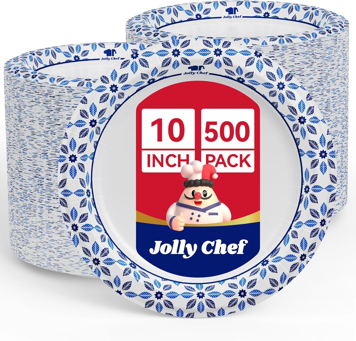 JOLLY CHEF 10 inch Disposable Paper Plates 500 Count, Soak Proof, Cut Proof, Heavy Duty Paper Plates for Thanksgiving or Everyday Use