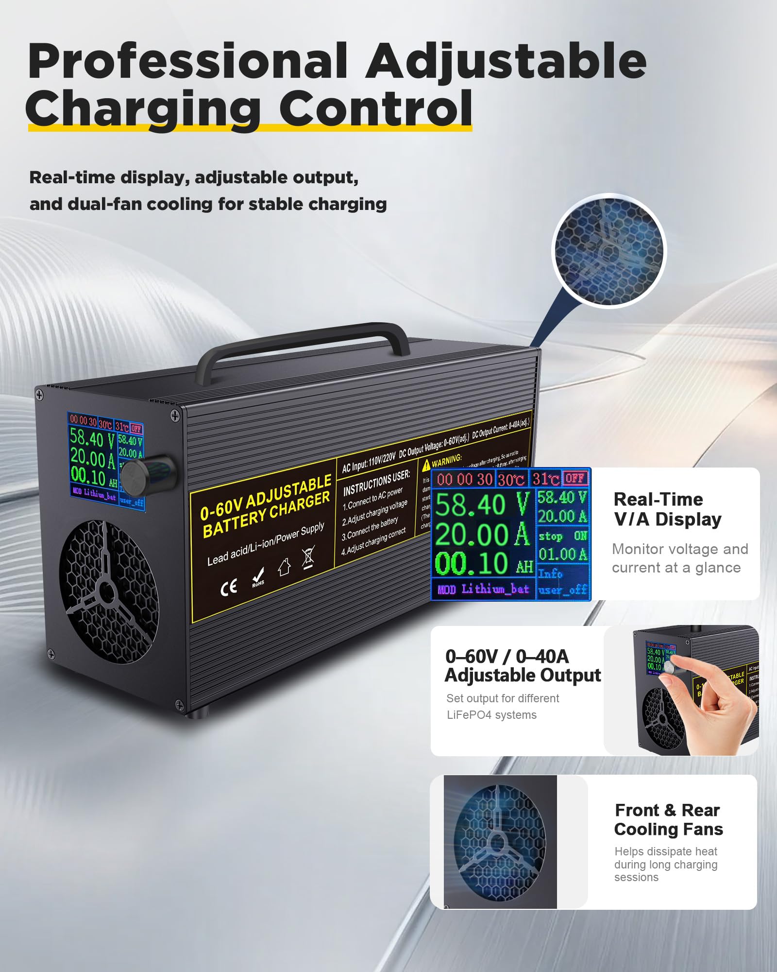 Caricabatterie LiFePO4 regolabile 0-60V 0-40A con maniglia anche per batterie al piombo e al litio – Caricabatterie universale intelligente con display colori, connettore Anderson e pinze coccodrillo