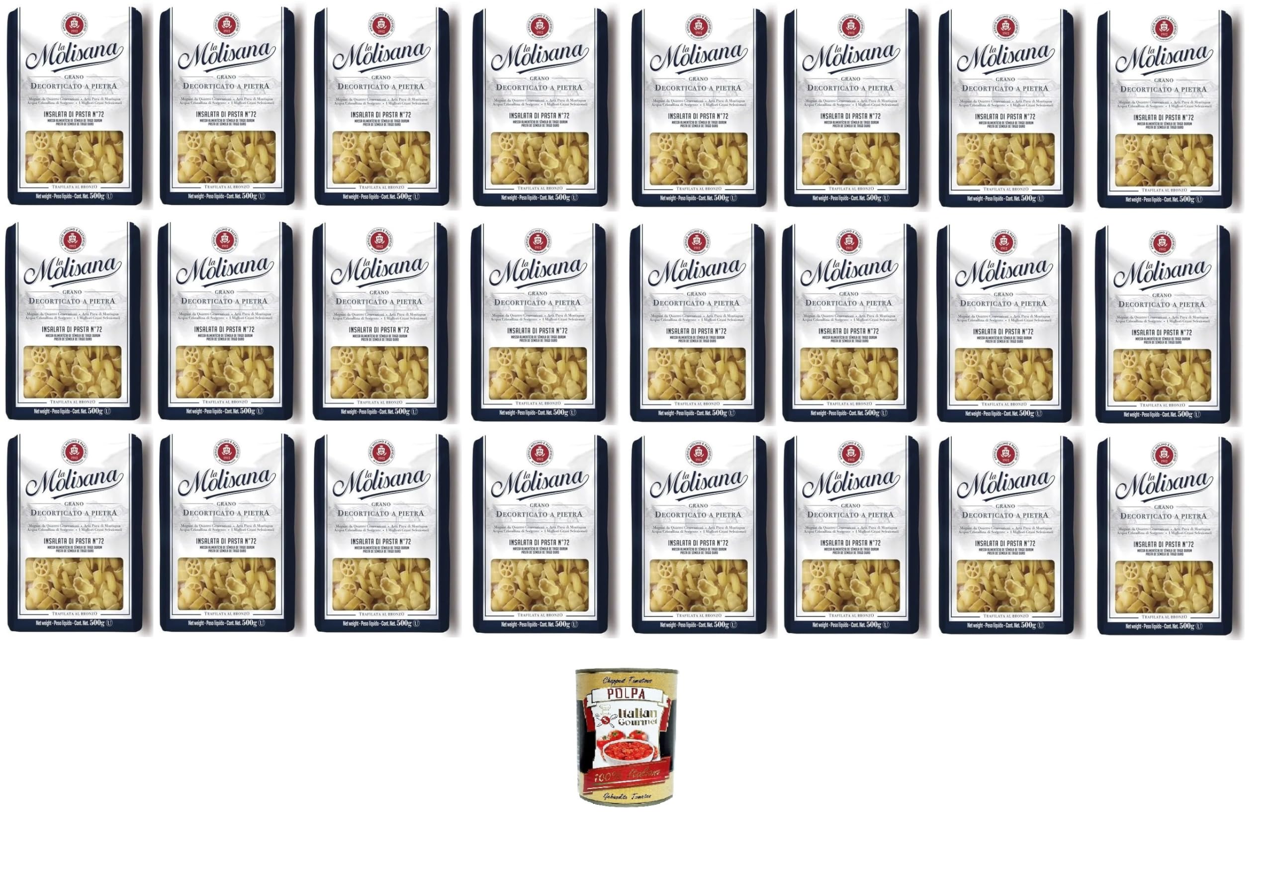 La Molisana Insalata di Pasta N°72, semola di grano duro, Grano decorticato a pietra Pasta de sémola de trigo duro extraída de bronce, trigo pelado 24 x 500 gr+ Polpa italiana gourmet 400 gr