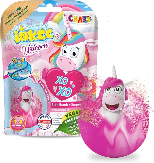 CRAZE INKEE UNICORN kula kąpielowa dla dzieci z niespodzianką, 100 g z figurkami jednorożca, zapach pop-cornu