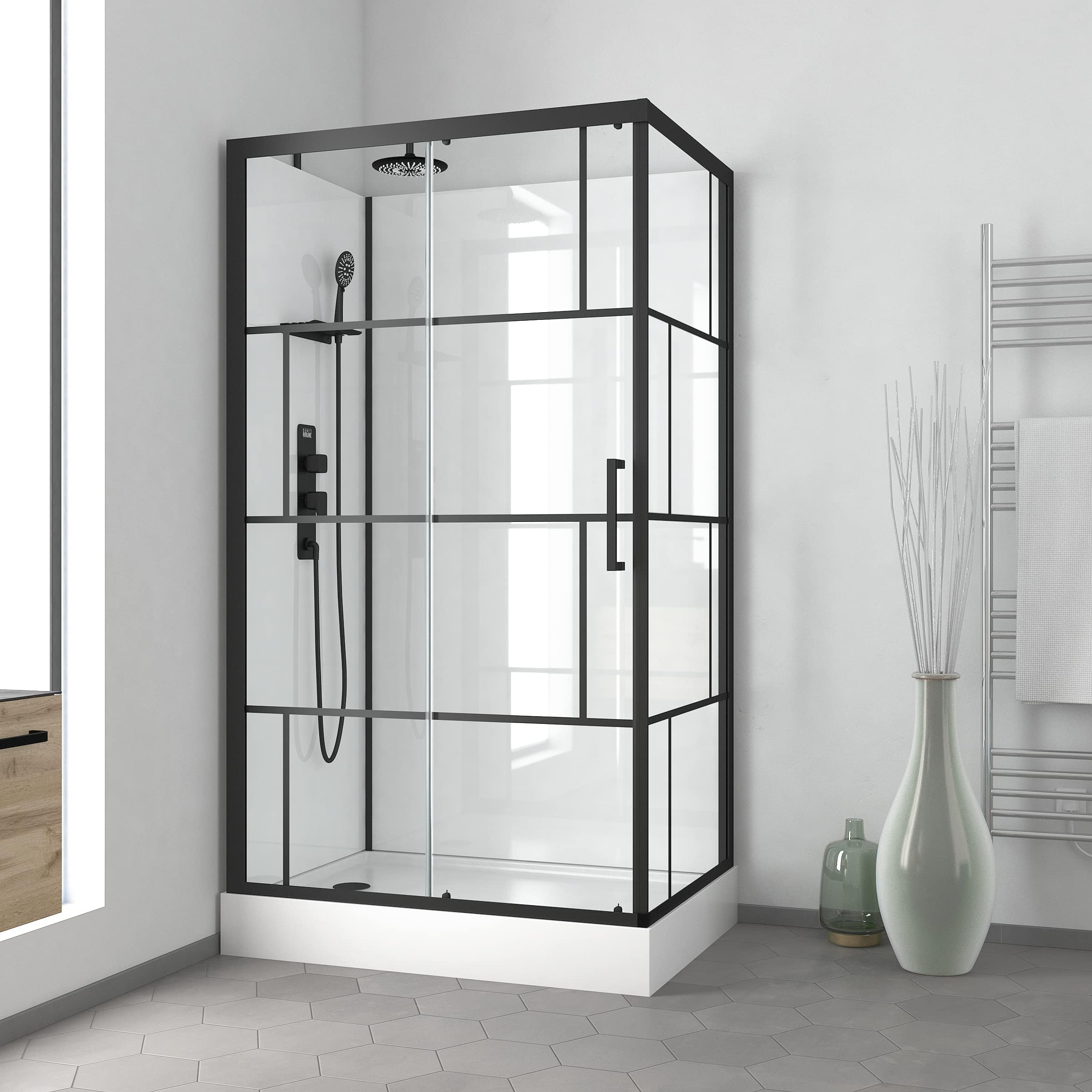 Marwell Ducha completa de diseño de ladrillos de 110 x 80 x 225 cm Ducha de esquina con entrada frontal Cabina de ducha con perfiles de aluminio de alta calidad en negro mate Altura de entrada 13 cm