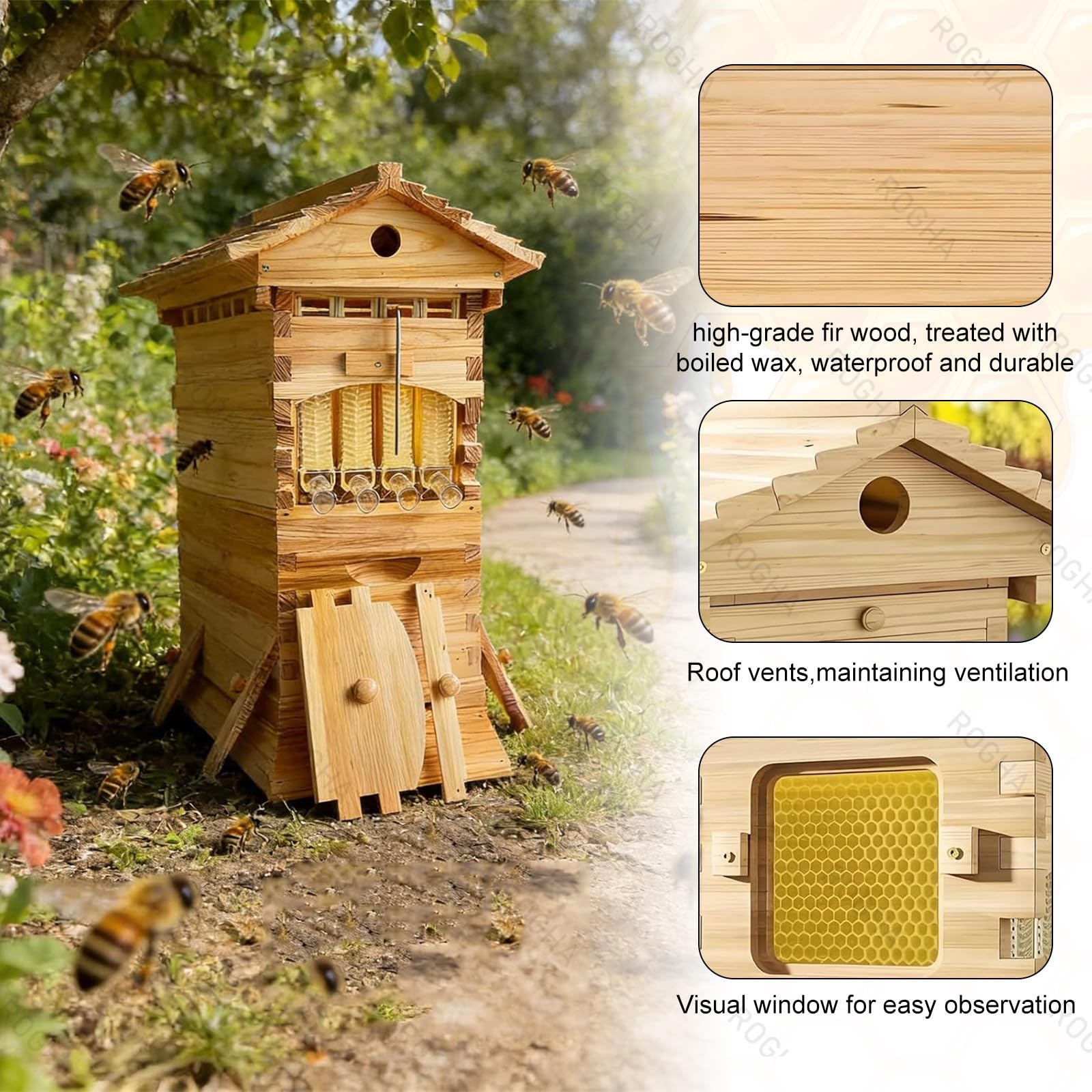 Equipo de Apicultura autofluyente, Kit Completo de Colmena para Principiantes, con 4 Marcos de Panal autofluyentes y 6 Cajas de cría, Capacidad para 6000 Abejas,para Exteriores