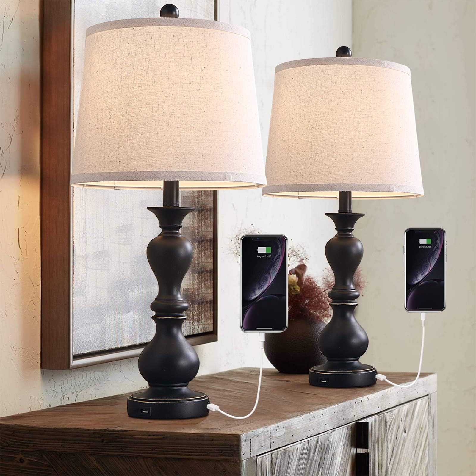 Dungoo 26" Farmhouse Table Lamp Set of 2, Traditional Rustic Bedside