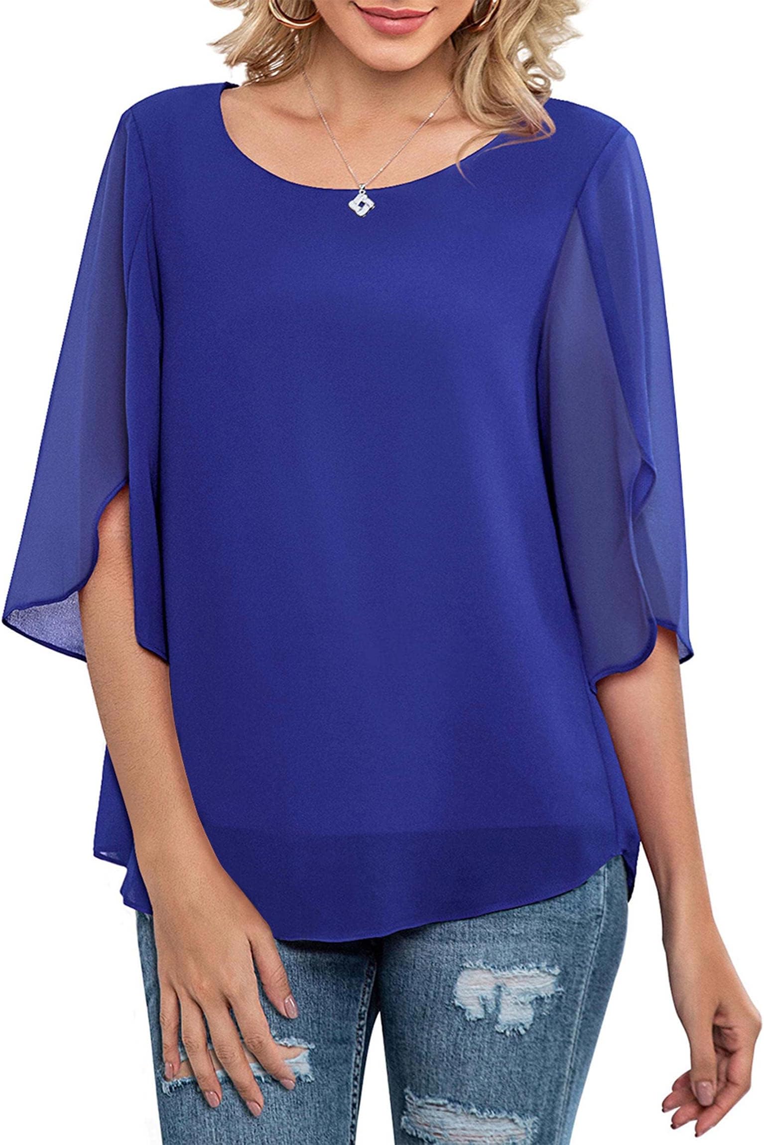Neineiwu Womens Casual Scoop Neck Loose Top 3/4 Sleeve Chiffon Blouse Shirt Tops