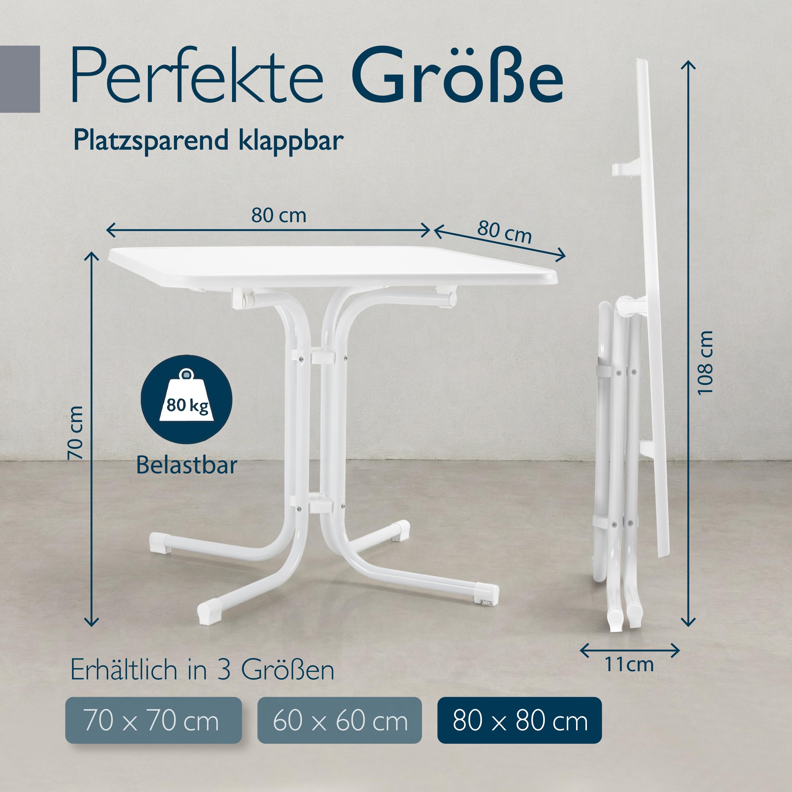 Beautissu Bistrotisch Eckig 80x80 cm – Stabiler Gartentisch Balkontisch Wetterfest Klappbar – Esstisch Klein Balkon Garten Küche – Weißer Bistro Tisch Beistelltisch Campingtisch Gastro – Bistroni