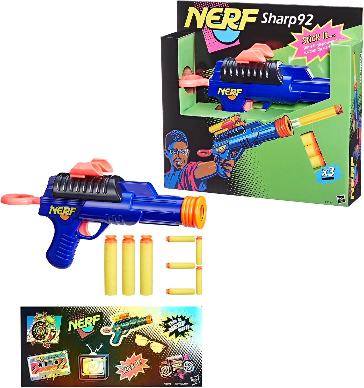 Nerf Sharp92 Blaster, 3 Nerf Suction Tip Darts, Sticker Sheet, Retro Nerf Blaster and Package, Toy Foam Blaster for Kids Outdoor Games